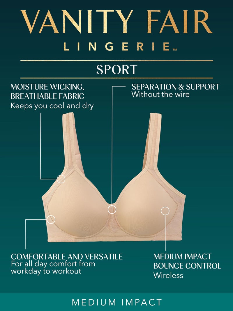 Vanity Fair Womens Medium Impact Sports For Breathable, Moisture Wicking, Padded Cups Up To Ddd Bra, Wireless - White, 44D US - Image 3